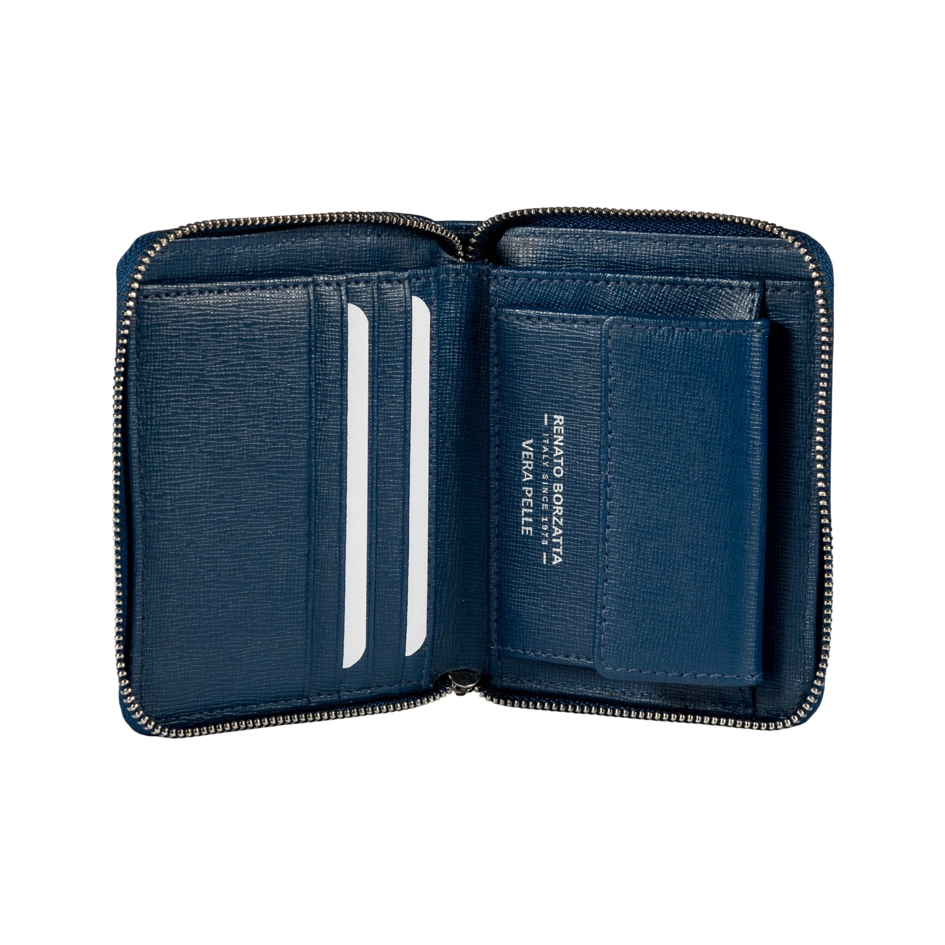 RB1086D | Women's Zip Around Wallet Made in Italy in Genuine Saffiano Leather. Polished Silver Metal Hardware. Color: Blue. Dimensions (closed): 10 x 12 x 2 cm-1