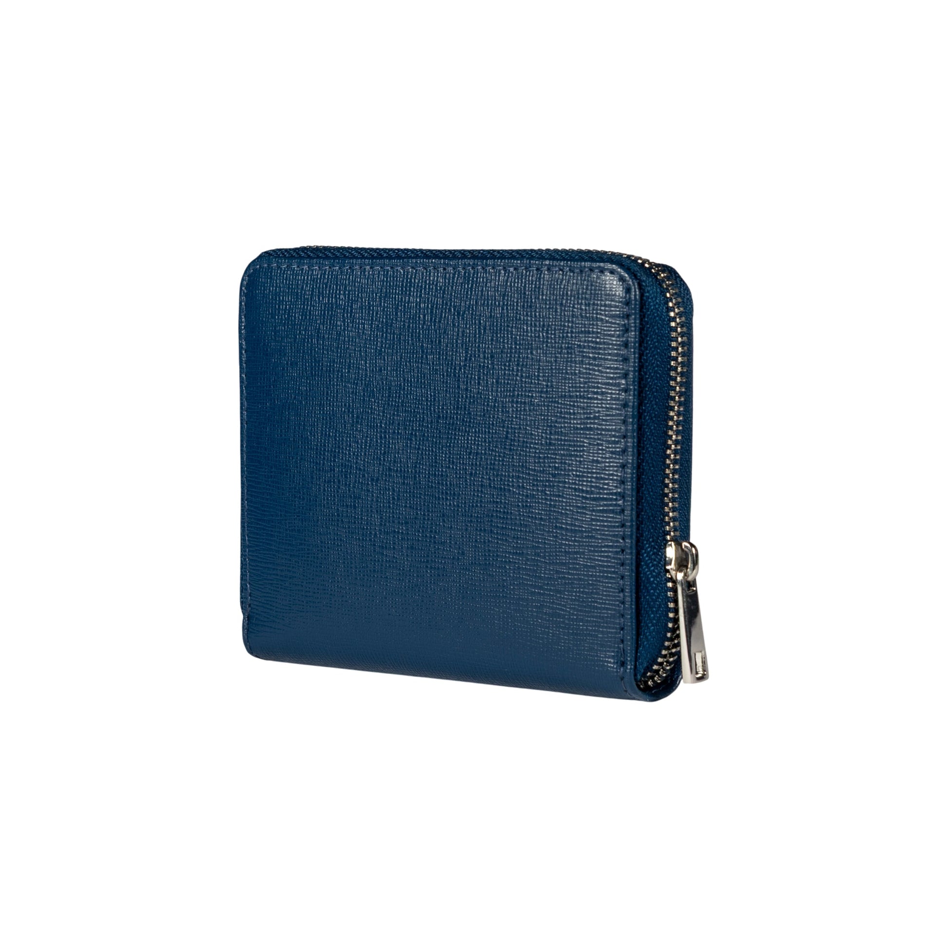 RB1086D | Women's Zip Around Wallet Made in Italy in Genuine Saffiano Leather. Polished Silver Metal Hardware. Color: Blue. Dimensions (closed): 10 x 12 x 2 cm-2