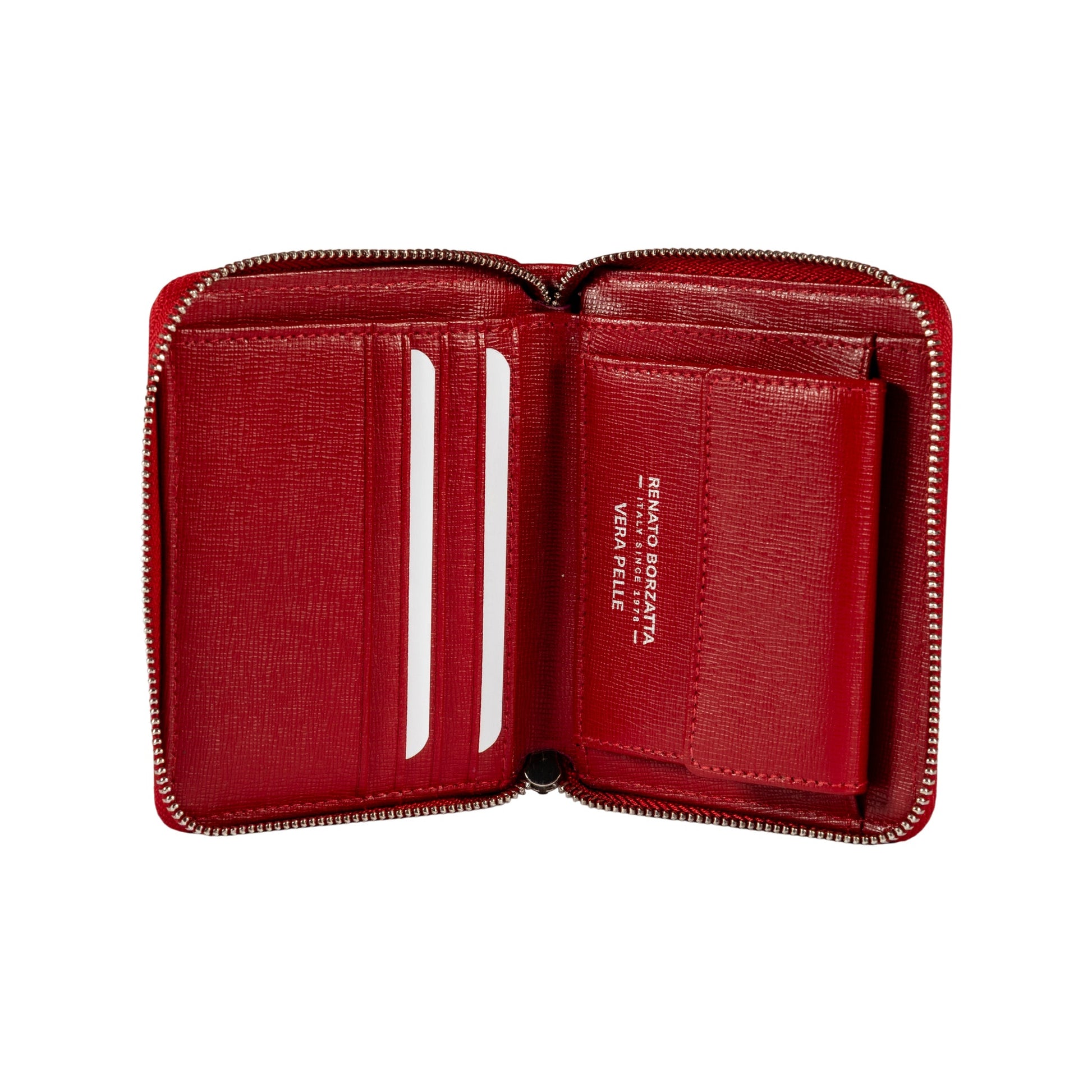 RB1086V | Women's Zip Around Wallet Made in Italy in Genuine Saffiano Leather. Polished Silver Metal Hardware. Color: Red. Dimensions (closed): 10 x 12 x 2 cm-1