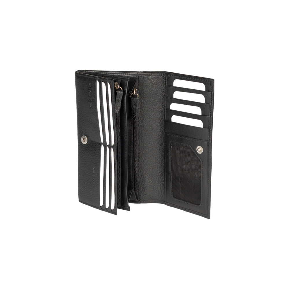 RB12129A | Portafogli Donna in Vera Pelle pieno fiore, grana dollaro/leggera. Colore Nero. Protezione RFID. Dimensioni da chiuso: cm 18,5 x 10 x 3. Confezione: Scatola regalo fondo/coperchio-1