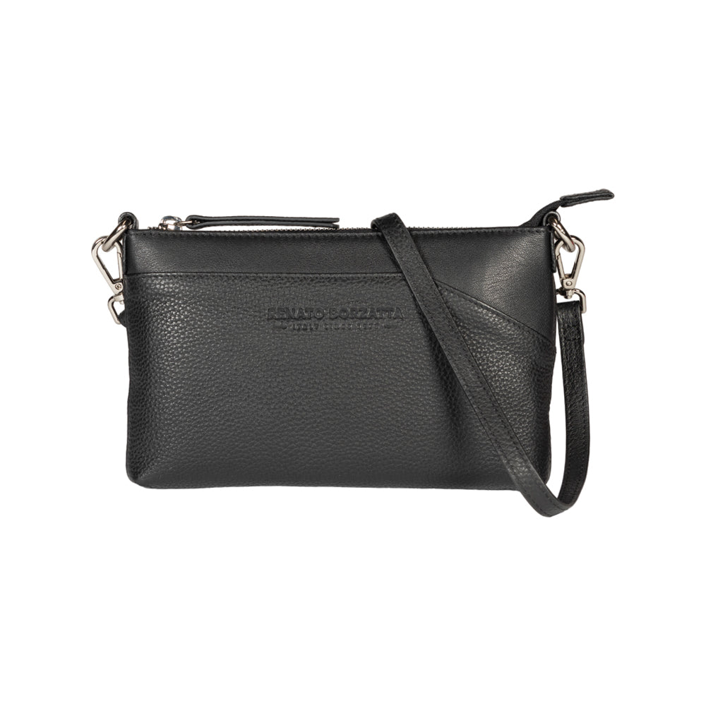 RB2003A | Borsa a Tracolla/Polso in Vera Pelle pieno fiore, grana dollaro/leggera. Tracolla e maniglia removibili. Colore Nero. Dimensioni: cm 22 x 14 x 2,5. Confezione: Sacchetto in Tessuto non Tessuto-0