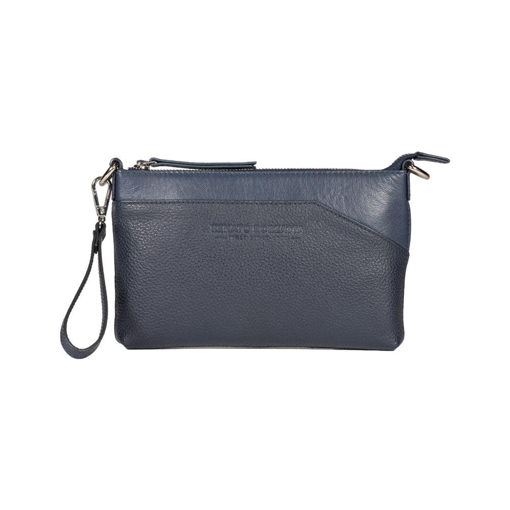 RB2003D | Borsa a Tracolla/Polso in Vera Pelle pieno fiore, grana dollaro/leggera. Tracolla e maniglia removibili. Colore Blu. Dimensioni: cm 22 x 14 x 2,5. Confezione: Sacchetto in Tessuto non Tessuto-1