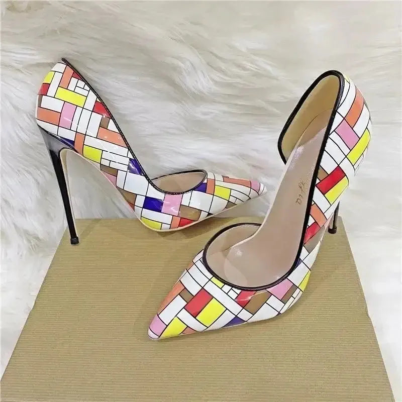 Color Checkered High Heels Stiletto Shoes-3