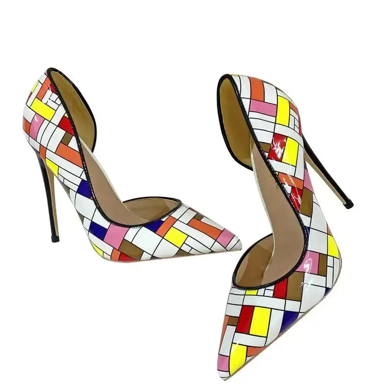 Color Checkered High Heels Stiletto Shoes-1