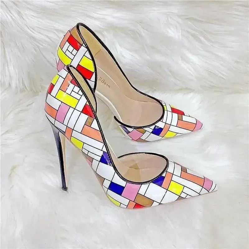 Color Checkered High Heels Stiletto Shoes-4