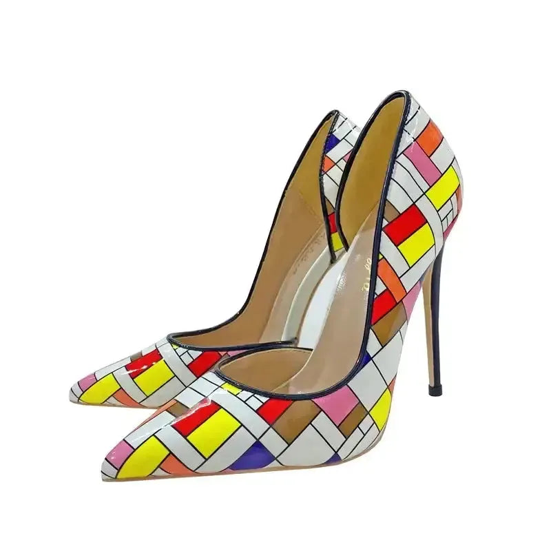 Color Checkered High Heels Stiletto Shoes-5
