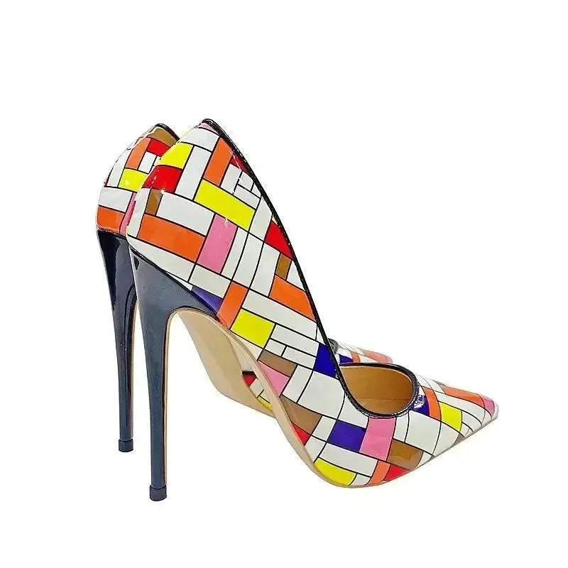 Color Checkered High Heels Stiletto Shoes-2