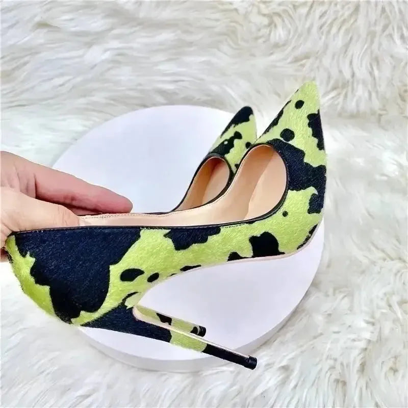 Green Black Plush Pointed High Heels Stiletto-4