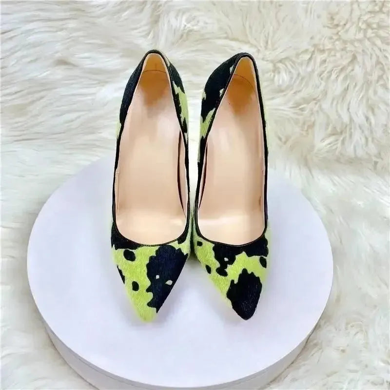 Green Black Plush Pointed High Heels Stiletto-5
