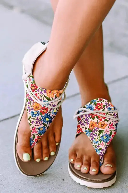 Multicolor Floral Print Zipped Flip Flop Sandals-3