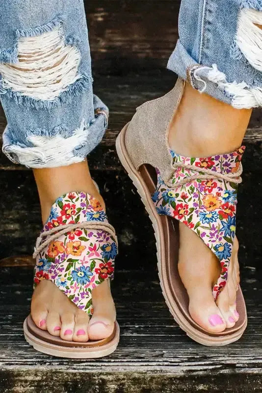 Multicolor Floral Print Zipped Flip Flop Sandals-0
