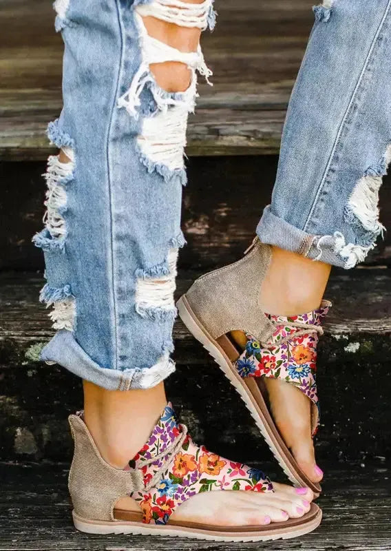 Multicolor Floral Print Zipped Flip Flop Sandals-1