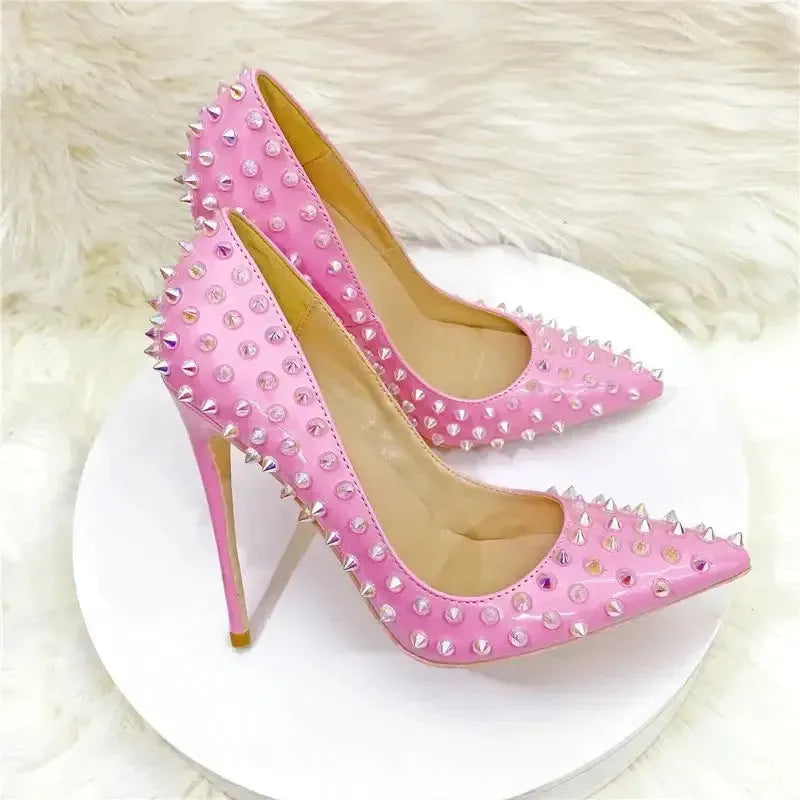 Pink Riveted Stiletto High Heels Shoes-0