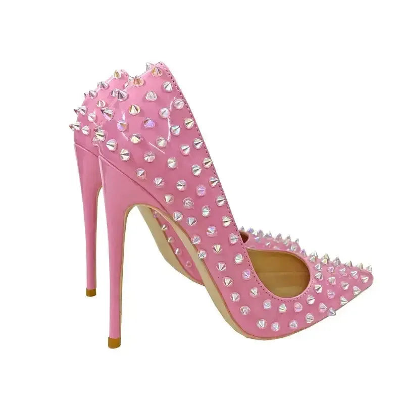 Pink Riveted Stiletto High Heels Shoes-4