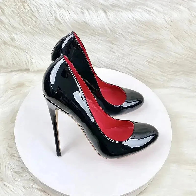Round Head Lacquer Leather High Heels Shoes-0