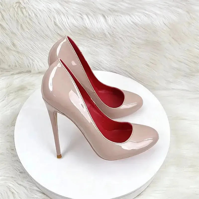 Round Head Lacquer Leather High Heels Shoes-3
