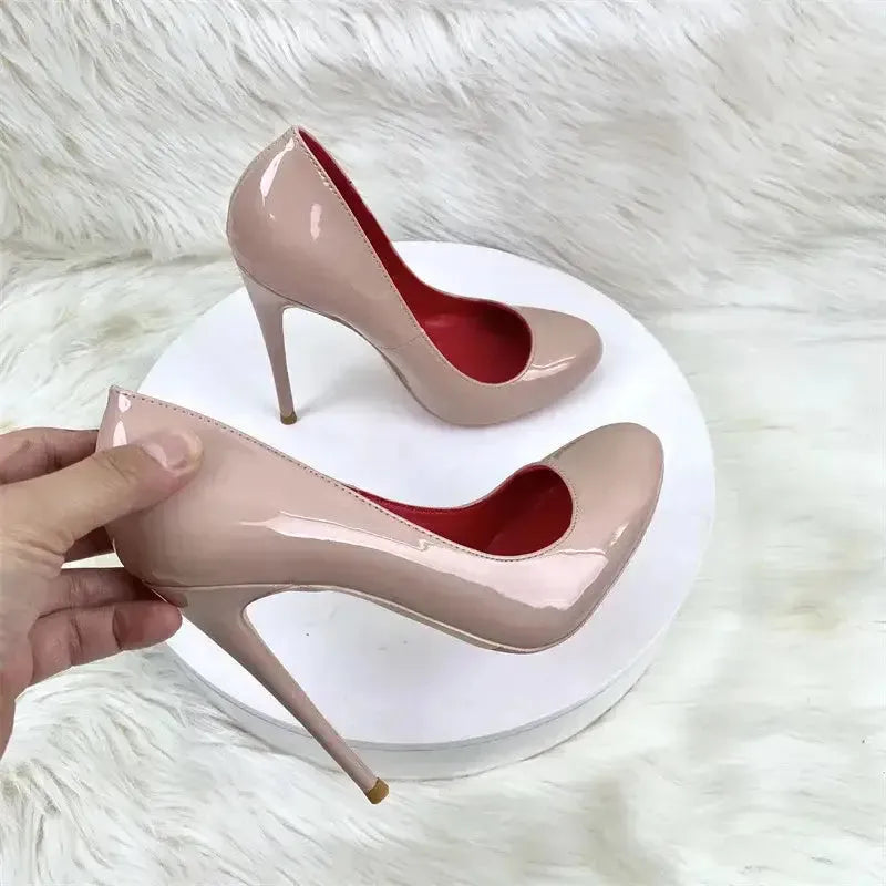 Round Head Lacquer Leather High Heels Shoes-11