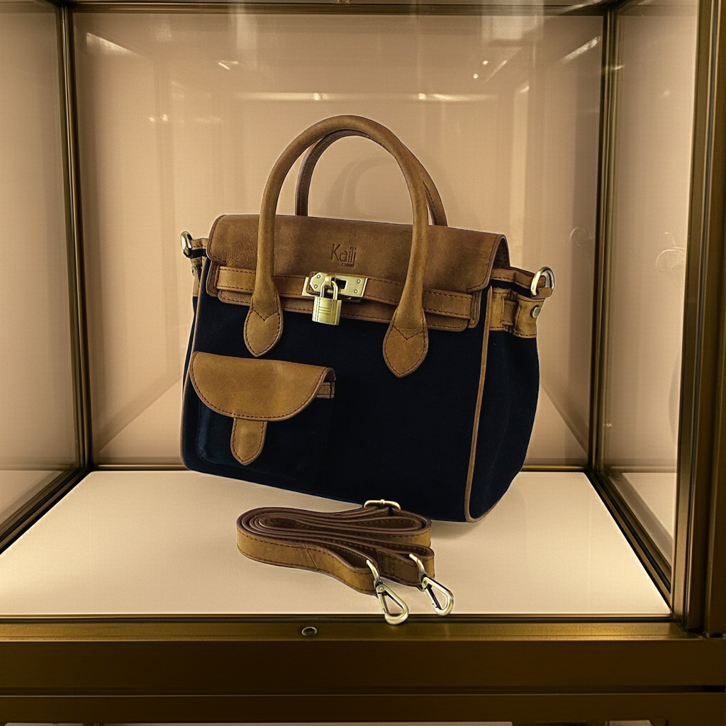 K0042ACB | Borsa a Mano Mini in Canvas/Vera Pelle Made in Italy. Tracolla removibile. Attacchi con moschettoni in metallo Ottone Anticato - Colore Nero - Dimensioni: cm 24 x 20 x 12