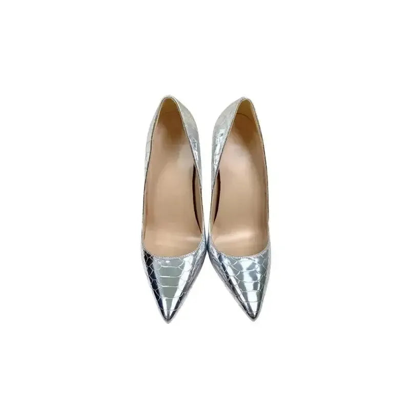 Silver Snake Skin Pattern High Heels Stiletto Shoes-1